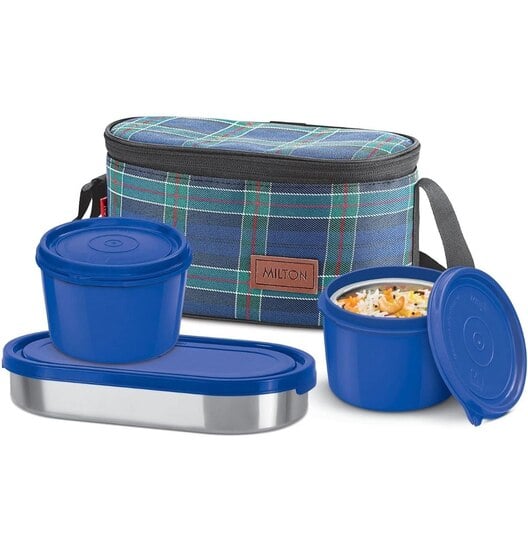 Click to enlarge MILTON Decker Lunch Box with Insulated Fabric Jacket, 2 Inner Stainless Steel Containers 450 ml Each & 1 Oval Stainless Steel 450 ml, Microwave Safe, Leak-Proof Tiffin for Office, Easy to Carry, Blue