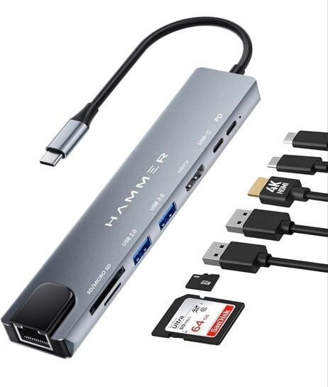 Click to enlarge HAMMER 8-in-1 USB-C Hub, Grey 100W PD Charging