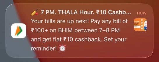 Click to enlarge BHIM: 7 PM. THALA Hour. ₹10 Cashback