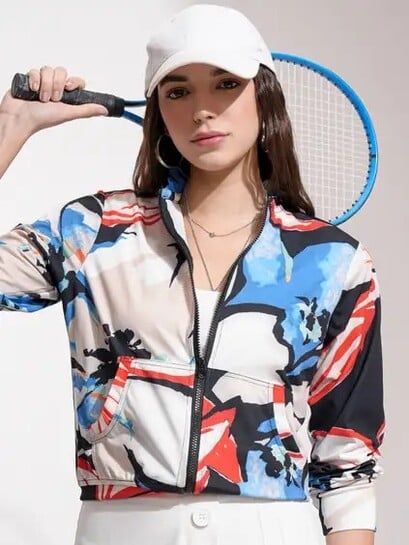 Click to enlarge Tokyo Talkies Women's Printed Checkered Zip-Up Casual Jacket (Grey)