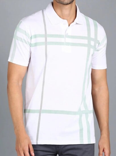 Click to enlarge 3BROS Men Striped, Typography Polo Neck Cotton Blend (180 gsm) Wh...more