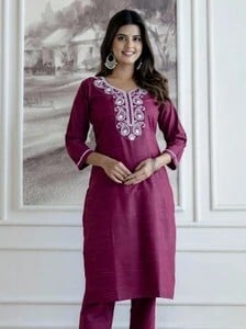 Auzaai Collection Women's Intricate Embroidered Straight Kurta with Dupatta Set