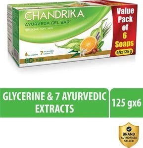 Chandrika With Glycerine Ayurveda Gel Bathing Bar Soap,| Jojoba Oil for Moisturized Skin (6 x 125 g)