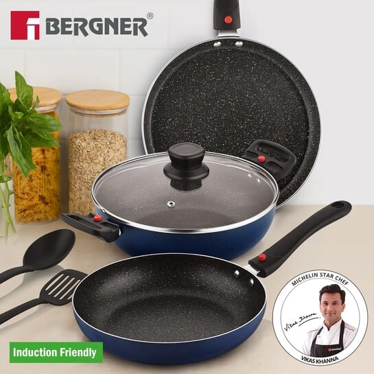 BERGNER Sherry Plus 5-Layer 6 Pcs Non-Stick Cookware Set with Detachable Handle - Induction Bottom Non-Stick Coated Cookware Set (Aluminium, 6 - Piece)