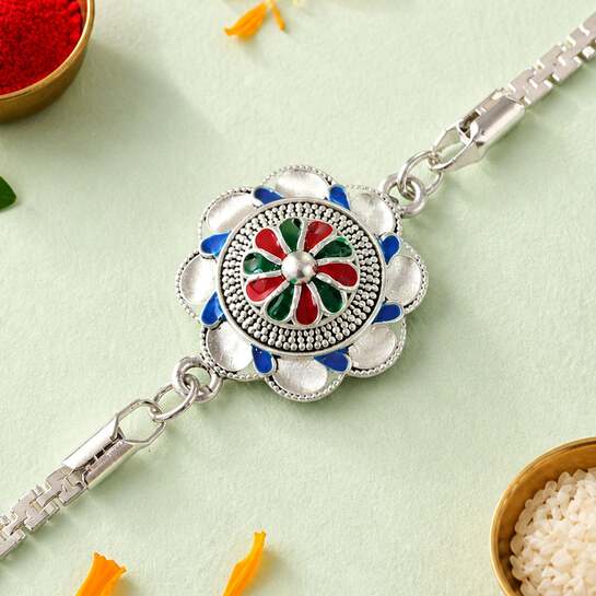 Round Floral Silver Chain Rakhi In Just 12/-