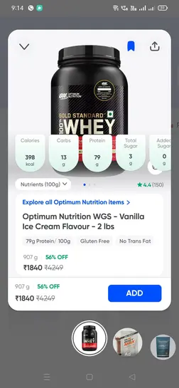 Swiggy Instamart : Optimum Nutrition(ON) Whey protein 1 kg for 1840