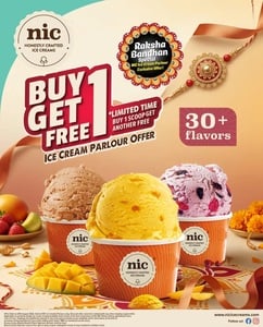 NIC Ice Cream Parlour : Buy 1 Get 1 Scoop of Ice Cream Free, this Rakshabandhan Day (28th August)