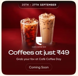 (Upcoming) Swiggy Dineout : Cafe Coffee Day starting at 49Rs (25th - 27th September)