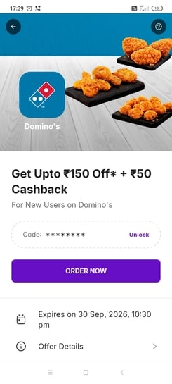 Selling Domino's New User Coupon - Upto Rs.150 Off + Rs.50 Cashback