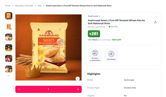 ZEPTO-Aashirvad Atta 10KG @ 281