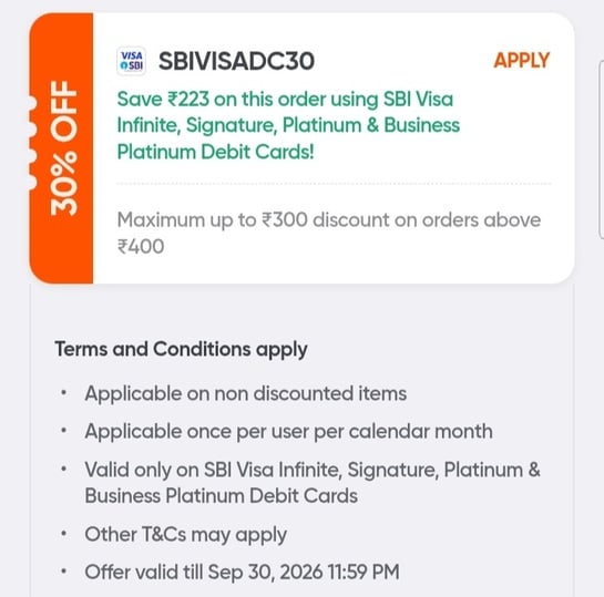 Swiggy : 30% off on min. 400 food order using SBI VISA platinum, infinite,signature debit cards