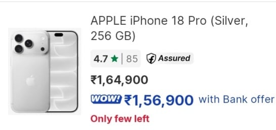 Flipkart- IPhone 18 Pro at Rs156900 (256GB)