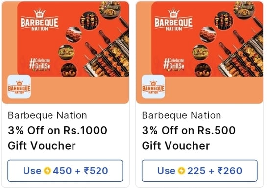 Supercoins - 48% off on Barebeque Nation Rs500 gv at Rs260 with 225 supercoins