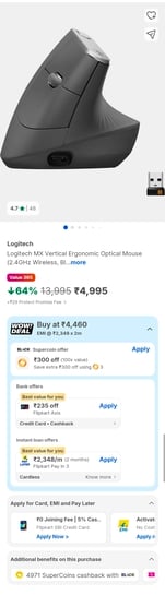 100% SuperCoin - Logitech MX Vertical Ergonomic Optical Mouse (2.4GHz Wireless, Bluetooth, Black)
