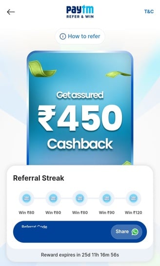 Paytm - Rs450 cashback on referral to 5 friends from Rs80-120 each friend