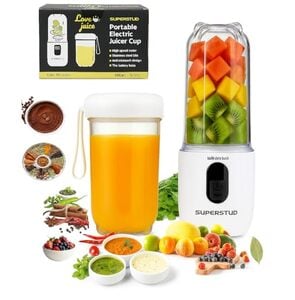 SUPERSTUD Blender Mixer Grinder | Mini Blender for Smoothies & Juices | 2-Jar Capacity (500ml*2) | 230W | 6 Blade || Type-C Charging & Battery Indicator | Auto-Stop After 40s (White)