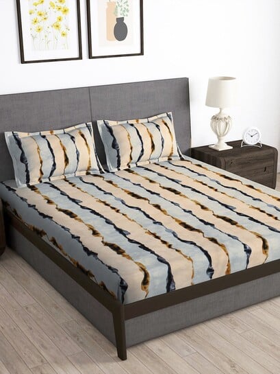 Buy Story@home Beige Striped Polycotton 160 TC Queen Bedsheet With 2 Pillow Covers 89 X 98In - Bedsheets for Unisex 22740632 | Myntra