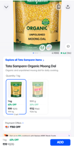Tata Sampann Organic Moong Dal 1kg @99 & Paper Boat Jaljeera Zero Added Sugar Drink 215ml @9 & more