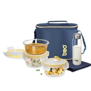 Treo By Milton All Fresh Borosilicate Glass Round Tiffin Set of 5,Durable Carry Jacket & Glass Bottle,Microwave-Oven Safe,Leak Proof, Air Vent Lid,Scratch Resistant,Ideal for Office,School,Travel,Blue