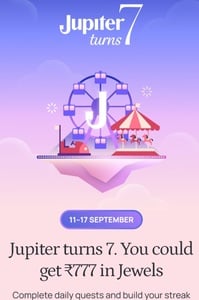 (Upcoming)|Jupiter bank's 7th birthday get 3885 jewels by completing 7 days payment task (from 11 to 17 September)