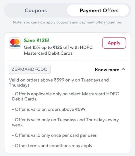 ZEPTO 125/- OFF on MasterCard Debit Cards