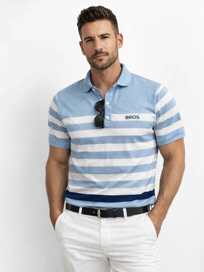 Click to enlarge 3BROS Men Striped Polo Neck Cotton Blend Blue T-Shirt