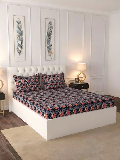 Buy Raymond Home Navy Blue & Red Floral 100 TC Bedsheet With 2 Pillow Covers - Bedsheets for Unisex 38632182 | Myntra